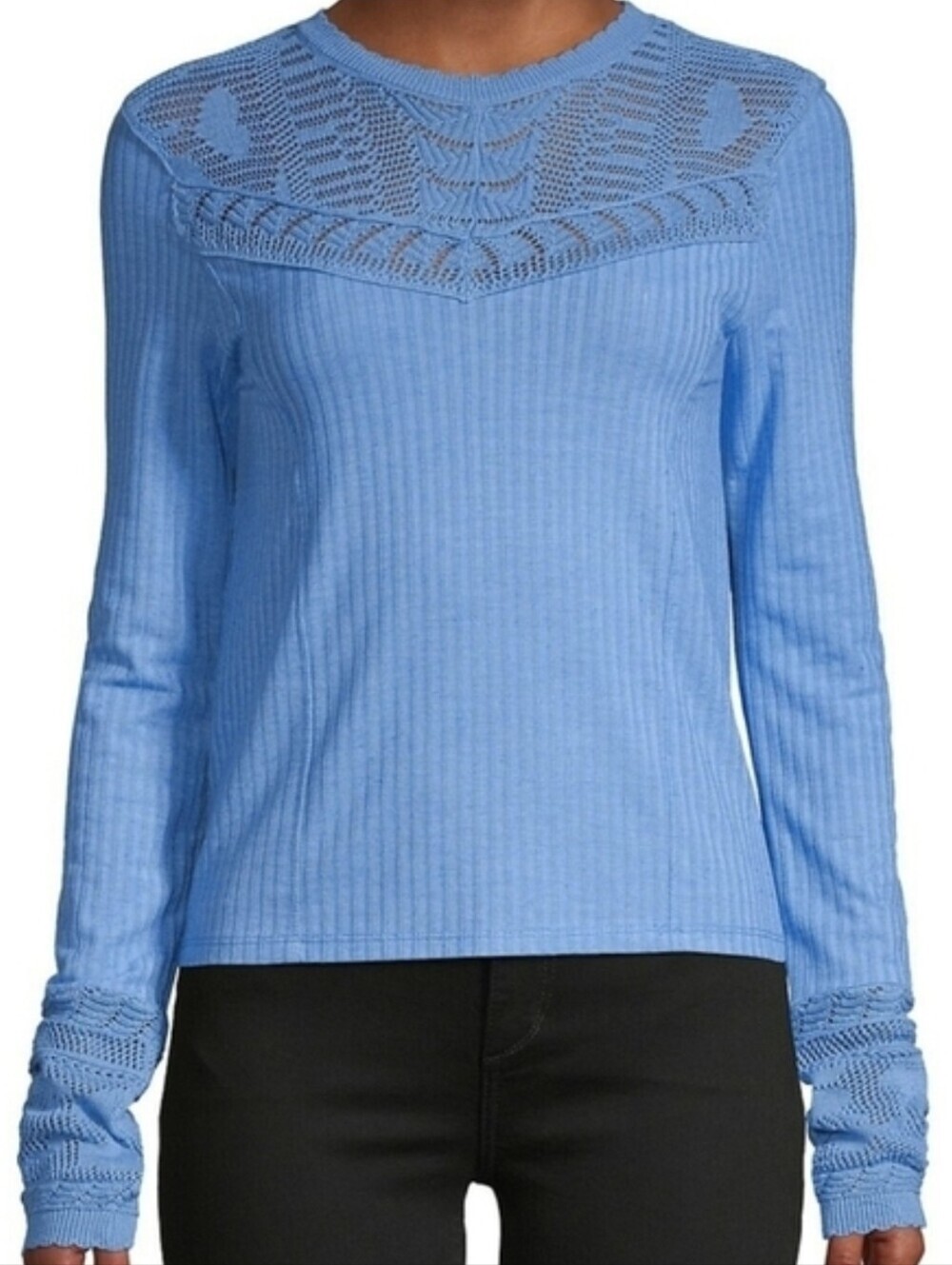 Free People Colette Blue Pointelle Ribbed Knit Sweater XS NWT - Picture 3 of 16